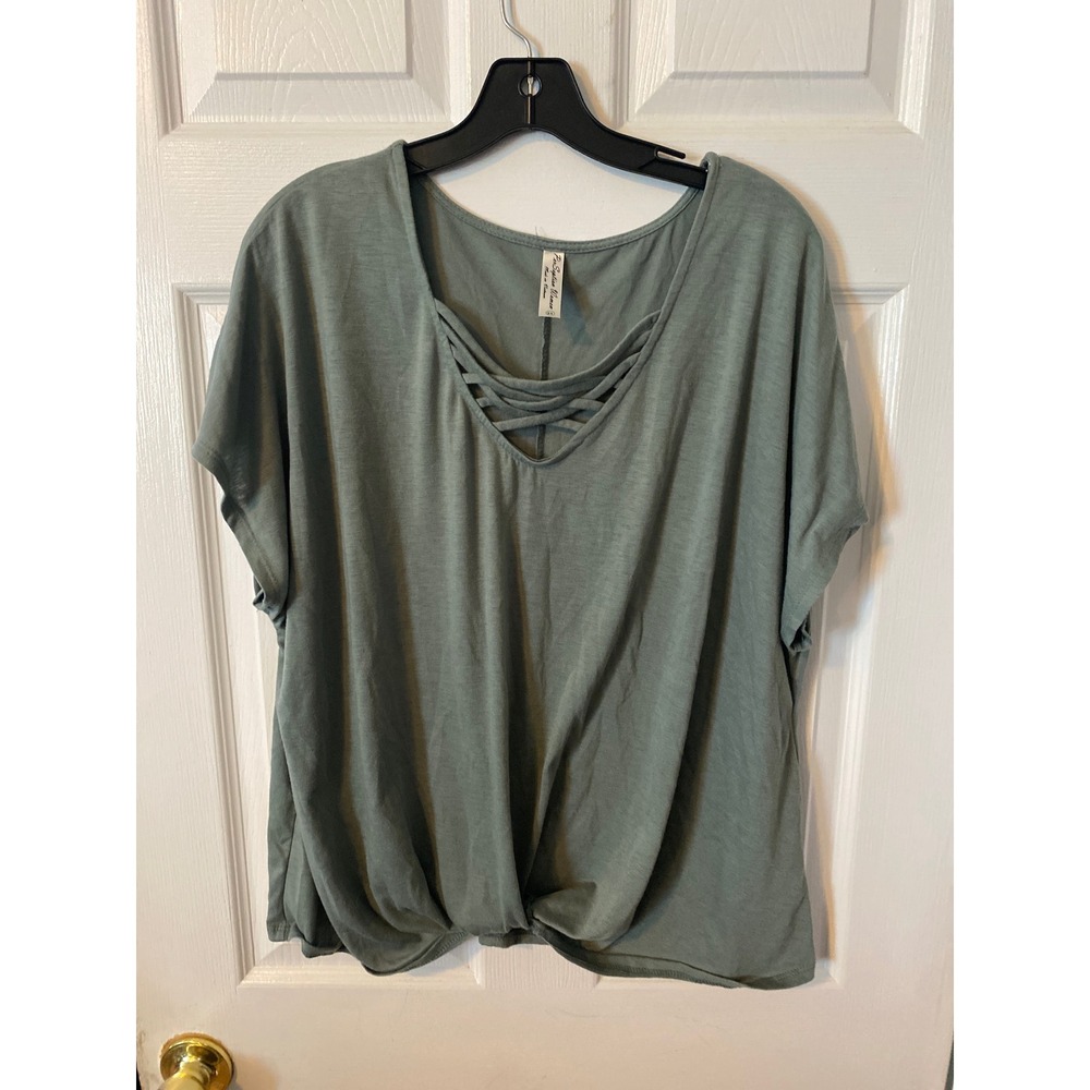 PerSeption Women Sage Green Lattice V-Neck Twist Front Knit Top Plus Size 2X